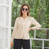 Women V Neck Silk Blouse Long Sleeves Office Work Silk Shirts